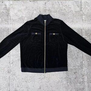 Hot Cotton Men Coat Zip Up Black Velvet Long Sleeve Velour Jacket Size L